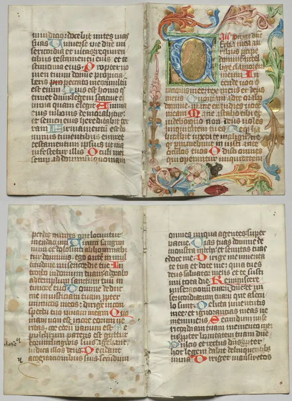 Bifolio from a Book of Hours: Initial V with Floral Border (recto); Text (verso) — تصویر رکورد موزهٔ هنر کلیولند (دسترسی آزاد)