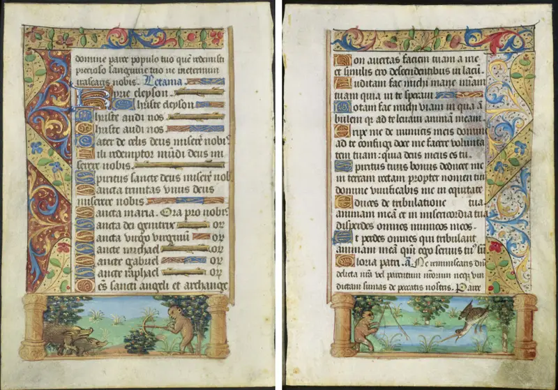 Leaf from a Book of Hours: Ape Hunting Wild Boars (recto) and Ape Fishing (verso) — تصویر رکورد موزهٔ هنر کلیولند (دسترسی آزاد)