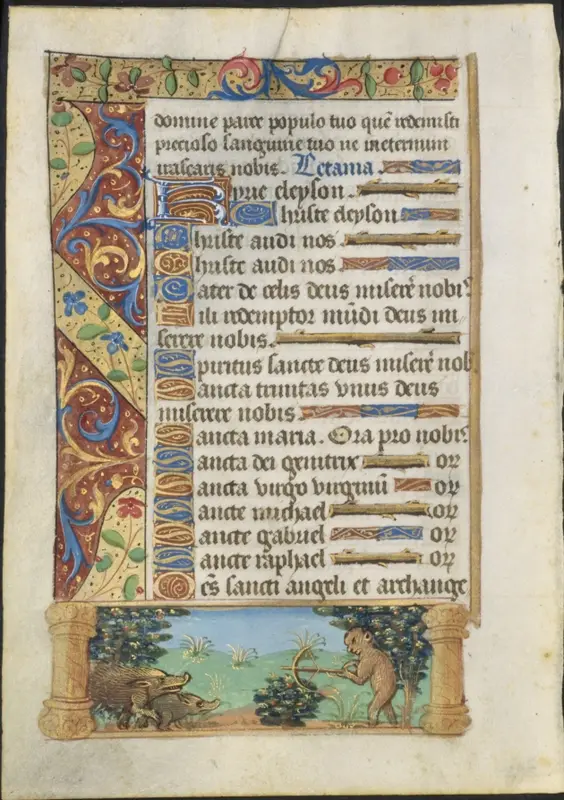 Leaf from a Book of Hours: Ape Hunting Wild Boars (recto) — تصویر رکورد موزهٔ هنر کلیولند (دسترسی آزاد)