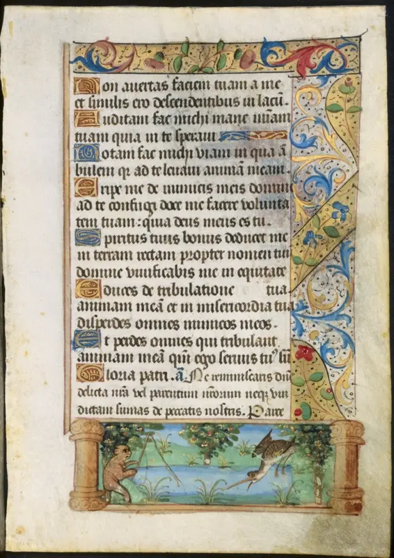 Leaf from a Book of Hours: Ape Fishing (verso) — تصویر رکورد موزهٔ هنر کلیولند (دسترسی آزاد)