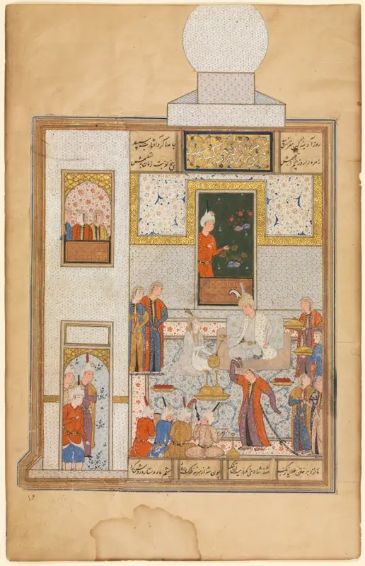 Bahram Visits the White Domed Pavilion on Friday (recto) — تصویر رکورد موزهٔ هنر کلیولند (دسترسی آزاد)