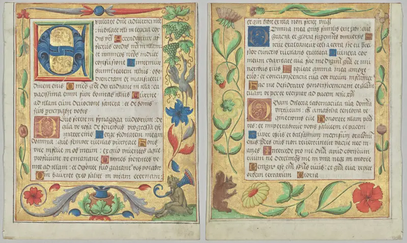 Leaf from a Psalter and Prayerbook: Initial E with Ornamental Border Containing a Seated Satyr and a Bird Eating Grapes (recto) and Ornamental Border with Flowers and Squirrel (verso) (2 of 3 Excised Leaves) — تصویر رکورد موزهٔ هنر کلیولند (دسترسی آزاد)