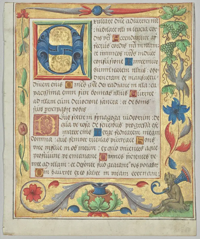 Leaf from a Psalter and Prayerbook: Initial E with Ornamental Border Containing a Seated Satyr and a Bird Eating Grapes (recto) — تصویر رکورد موزهٔ هنر کلیولند (دسترسی آزاد)
