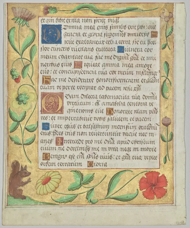 Leaf from a Psalter and Prayerbook: Ornamental Border with Flowers and Squirrel (verso) — تصویر رکورد موزهٔ هنر کلیولند (دسترسی آزاد)