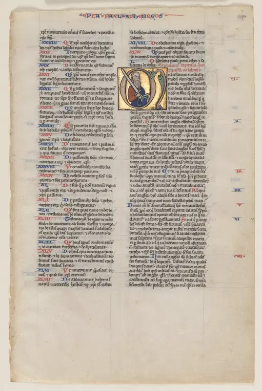 Leaf with Initial from a Latin Bible: Initial M: St. Paul with a Sword and a Book — تصویر رکورد موزهٔ هنر کلیولند (دسترسی آزاد)