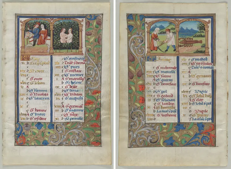 Leaf from a Book of Hours: Calendar Page for May (recto) and Calendar Page for June (verso) (2 of 3 Excised Leaves) — تصویر رکورد موزهٔ هنر کلیولند (دسترسی آزاد)
