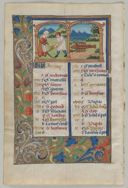 Leaf from a Book of Hours: Calendar Page for June (verso) — تصویر رکورد موزهٔ هنر کلیولند (دسترسی آزاد)