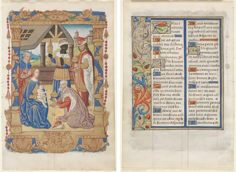 Leaf from a Book of Hours: Adoration of the Magi (recto) and Text with Illustrated Border (verso) (3 of 3 Excised Leaves) — تصویر رکورد موزهٔ هنر کلیولند (دسترسی آزاد)
