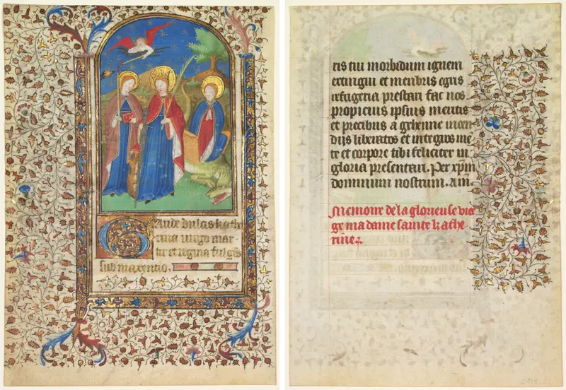 Leaf from a Book of Hours: Sts. Geneviève, Catherine of Alexandria, and Margaret (recto) and Text (verso) — تصویر رکورد موزهٔ هنر کلیولند (دسترسی آزاد)
