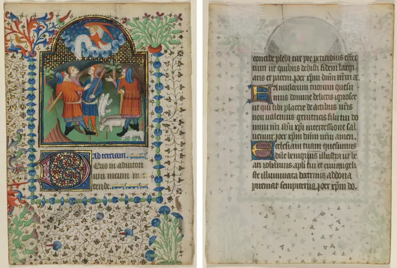 Leaf from a Book of Hours: Annunciation to the Shepherds (recto) and Text (verso) — تصویر رکورد موزهٔ هنر کلیولند (دسترسی آزاد)