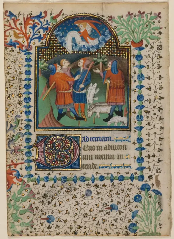 Leaf from a Book of Hours: Annunciation to the Shepherds (recto) — تصویر رکورد موزهٔ هنر کلیولند (دسترسی آزاد)