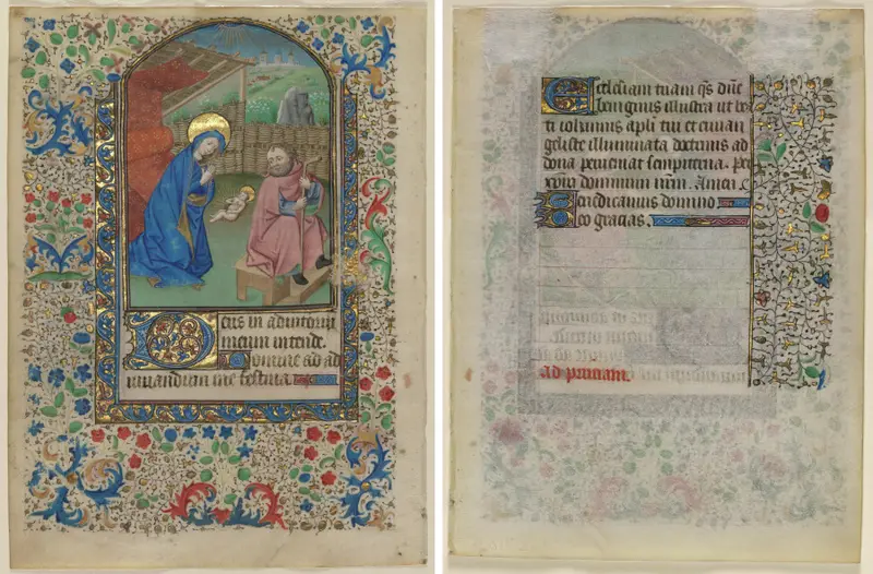 Leaf from a Book of Hours: The Nativity (recto) and Text (verso) — تصویر رکورد موزهٔ هنر کلیولند (دسترسی آزاد)