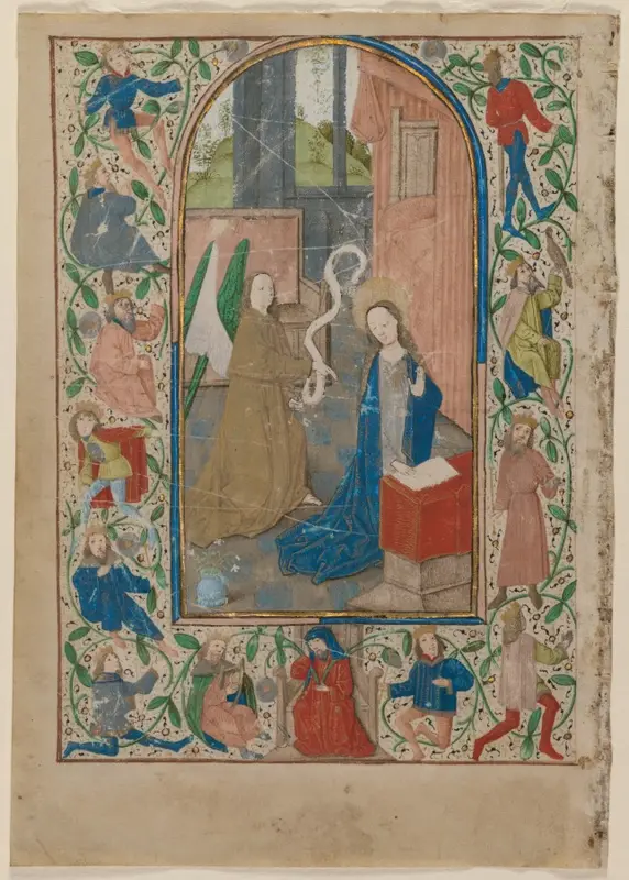 Leaf from a Book of Hours: The Annunciation (recto) — تصویر رکورد موزهٔ هنر کلیولند (دسترسی آزاد)