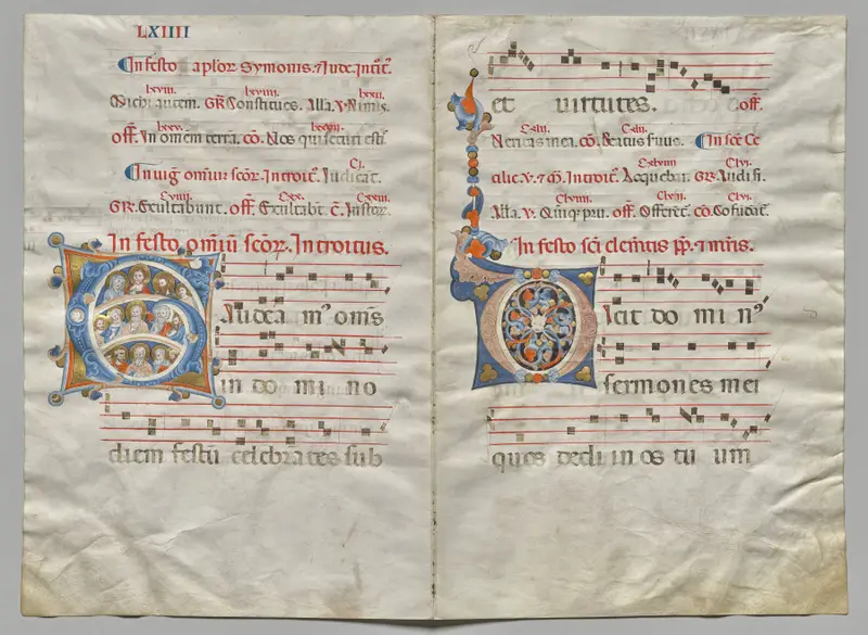 Bifolio from a Gradual:  Initial (G) with Christ, the Virgin, and Apostles and Initial (O) (recto) — تصویر رکورد موزهٔ هنر کلیولند (دسترسی آزاد)