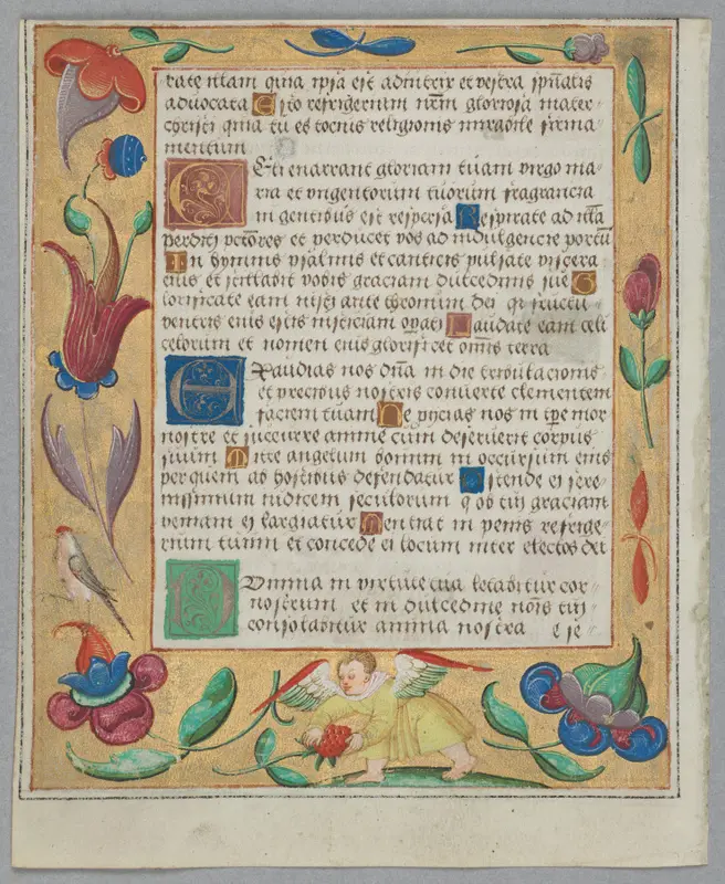 Leaf from a Psalter and Prayerbook: Putto Picking Strawberries (verso) — تصویر رکورد موزهٔ هنر کلیولند (دسترسی آزاد)