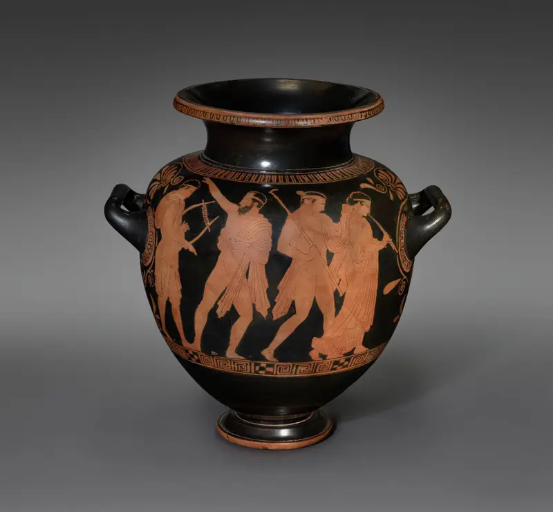 Red-Figure Stamnos (Mixing/Storage Vessel): Komos (Musicians and Revelers) — تصویر رکورد موزهٔ هنر کلیولند (دسترسی آزاد)