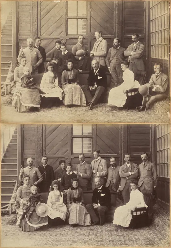 Shimla 17th May 1887: Viceregal party. Lord William Beresford, Military Secretary, Captain Leonard Gordon A.D.C., Mademoiselle Clerc, The Honorable Basit Blackwood, Major F.R. Hamilton A.D.C., Mr. Oglivie Grant, Sir Donald Mackenzie Wallace K.C.E., Private Secretary, Dr. J. Findlay, Mrs. F.R. Hamilton, Master G. Hamilton, Lady Victoria Blackwood, H.E. The Countess of Dufferin, H.E. The Earl of Dufferin, Lady Hermione Blackwood, Lord Herbrand Russell, A.D.C. (recto); Viceregal Party Shimla (verso) — تصویر رکورد موزهٔ هنر کلیولند (دسترسی آزاد)