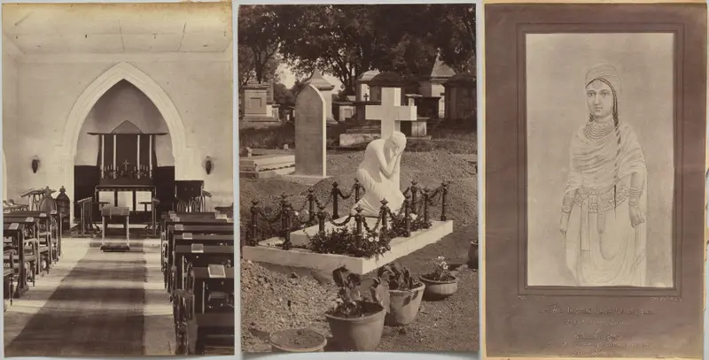 Interior of Church, Neemuch (recto, right); Grave of Dr. Falwasser, Neemuch (recto, left); Indian Lady 250 BC (verso, right) — تصویر رکورد موزهٔ هنر کلیولند (دسترسی آزاد)