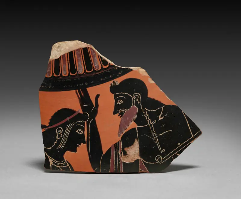 Fragment from Black-Figure Neck-Amphora of Panathenaic Shape (Storage Vessel): Apollo and Zeus — تصویر رکورد موزهٔ هنر کلیولند (دسترسی آزاد)