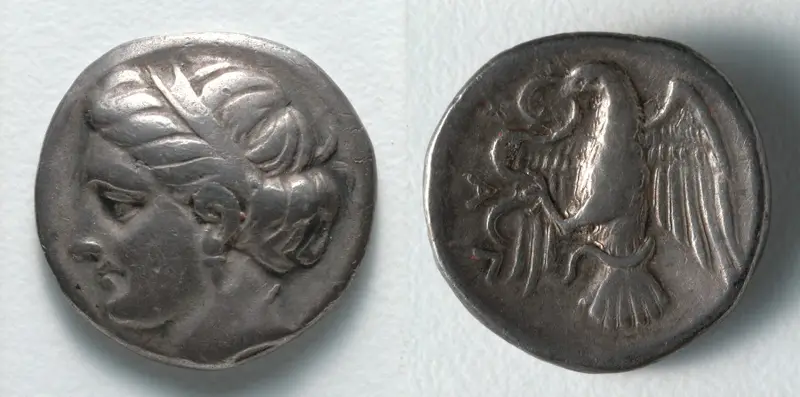 Drachm: Female Head (obverse); Eagle (reverse) — تصویر رکورد موزهٔ هنر کلیولند (دسترسی آزاد)