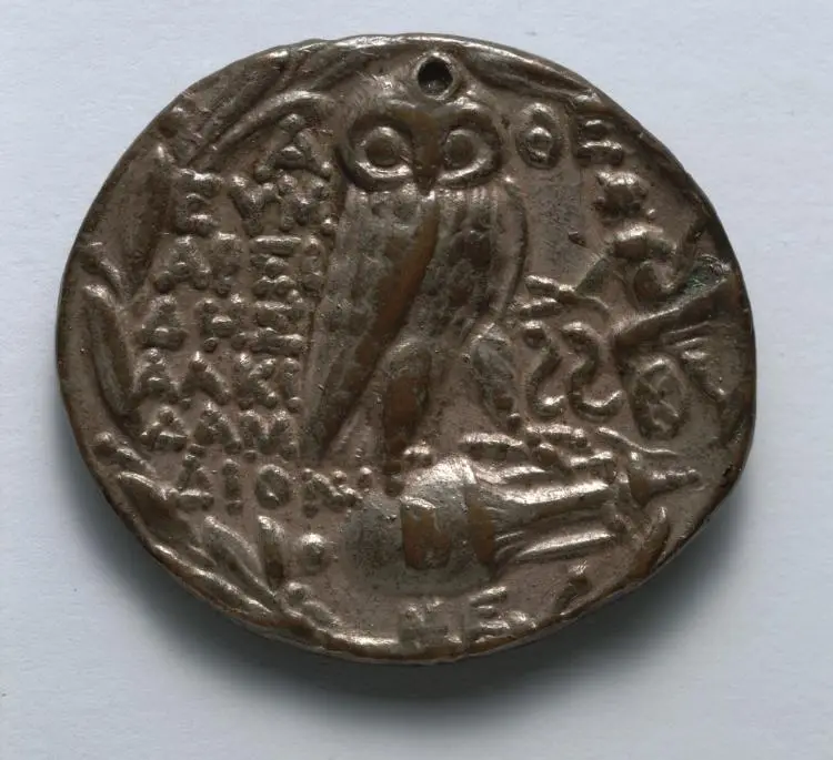 Electrotype Replica of Tetradrachm: Owl, Panathenaic Amphora, Triptolemos in Chariot, within Wreath (reverse) — تصویر رکورد موزهٔ هنر کلیولند (دسترسی آزاد)