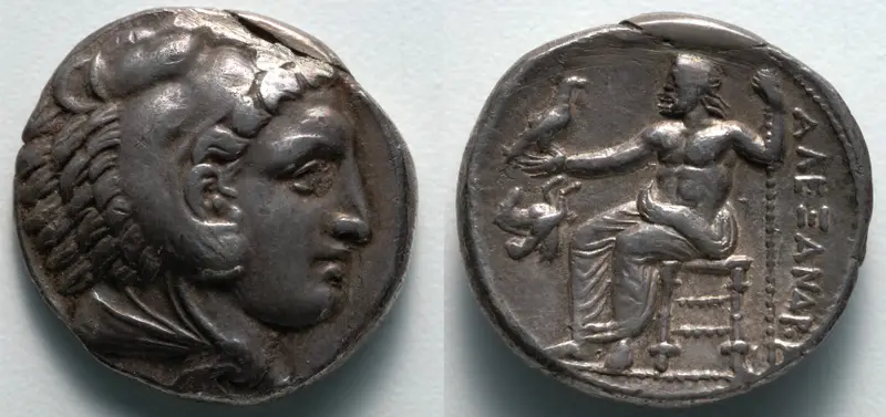 Tetradrachm: Head of Young Herakles (obverse); Zeus (reverse) — تصویر رکورد موزهٔ هنر کلیولند (دسترسی آزاد)