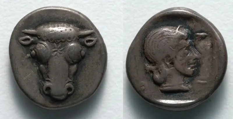Hemidrachm: Bull's Head (obverse); Head of Artemis (reverse) — تصویر رکورد موزهٔ هنر کلیولند (دسترسی آزاد)