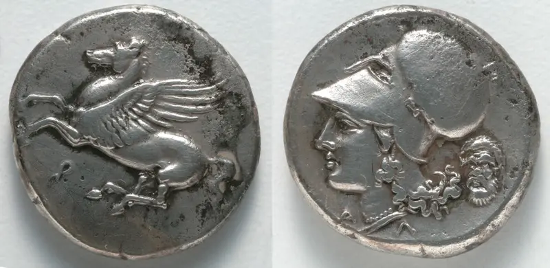 Stater: Pegasos (obverse); Head of Athena (reverse) — تصویر رکورد موزهٔ هنر کلیولند (دسترسی آزاد)