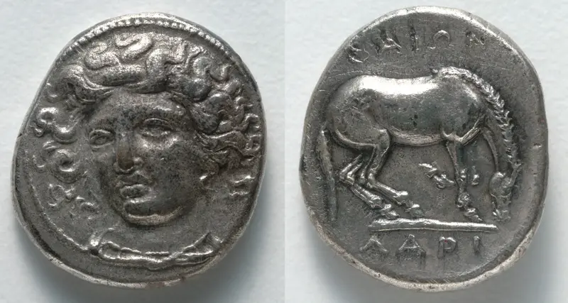 Drachm: Head of Larissa (Nymph) (obverse); Horse (reverse) — تصویر رکورد موزهٔ هنر کلیولند (دسترسی آزاد)