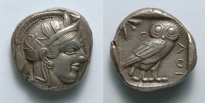 Tetradrachm: Head of Athena (obverse); Owl (reverse) — تصویر رکورد موزهٔ هنر کلیولند (دسترسی آزاد)