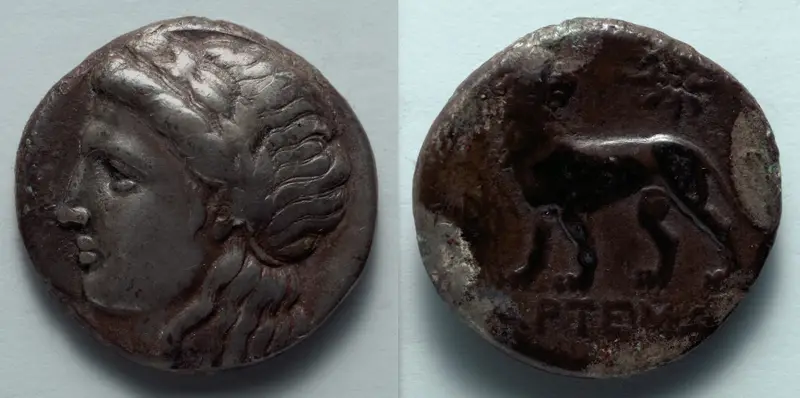 Tetradrachm: Head of Apollo (obverse); Lion (reverse) — تصویر رکورد موزهٔ هنر کلیولند (دسترسی آزاد)
