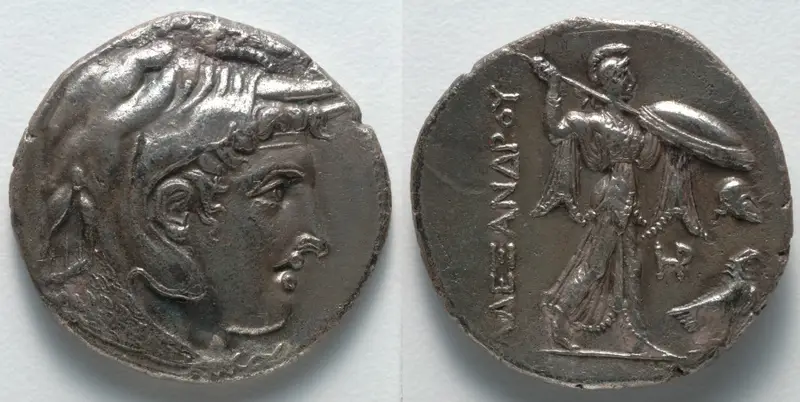 Tetradrachm: Head of Alexander III [The Great] (obverse); Athena (reverse) — تصویر رکورد موزهٔ هنر کلیولند (دسترسی آزاد)