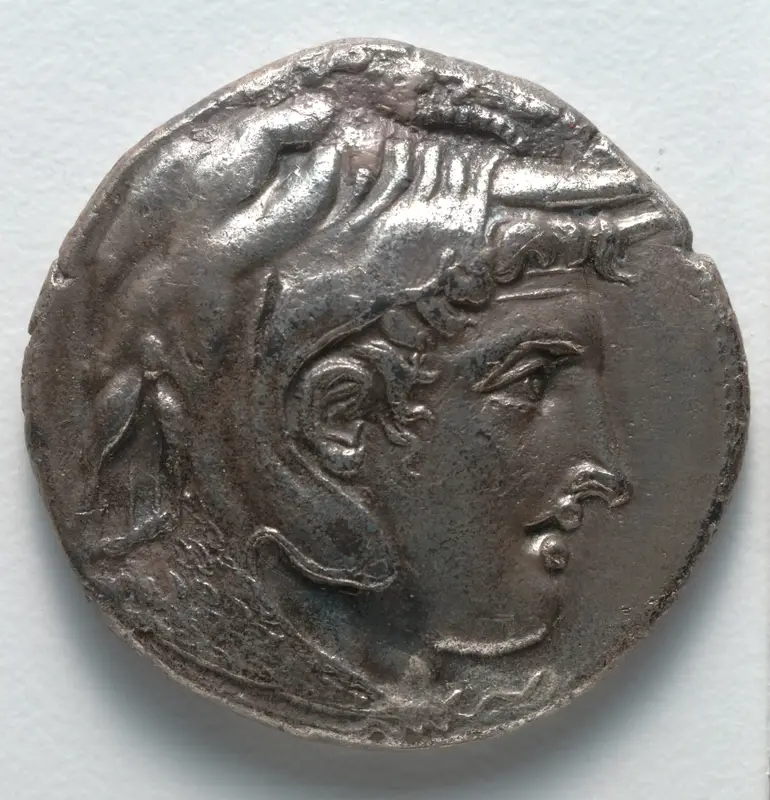 Tetradrachm: Head of Alexander III [The Great] (obverse) — تصویر رکورد موزهٔ هنر کلیولند (دسترسی آزاد)