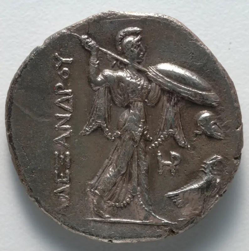 Tetradrachm: Athena Promachos, advancing right holding spear and shield; helmet and eagle right (reverse) — تصویر رکورد موزهٔ هنر کلیولند (دسترسی آزاد)