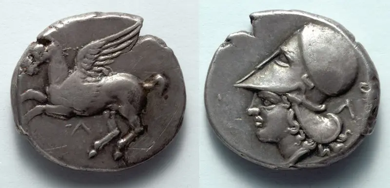Stater: Pegasos (obverse); Head of Athena (reverse) — تصویر رکورد موزهٔ هنر کلیولند (دسترسی آزاد)