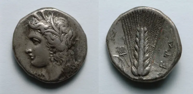 Stater: Head of Demeter (obverse); Barley (reverse) — تصویر رکورد موزهٔ هنر کلیولند (دسترسی آزاد)