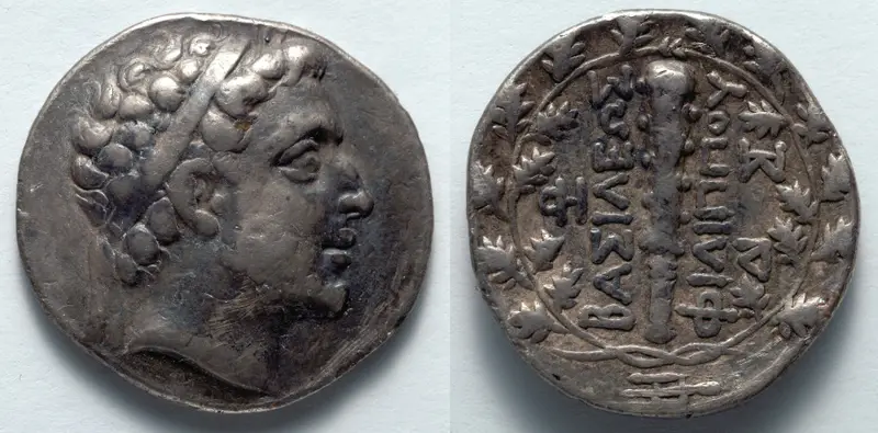 Didrachm: Head of Philip V (obverse); Club (reverse) — تصویر رکورد موزهٔ هنر کلیولند (دسترسی آزاد)