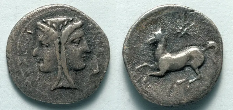 Two Litrae: Janiform Head (obverse); Horse (reverse) — تصویر رکورد موزهٔ هنر کلیولند (دسترسی آزاد)
