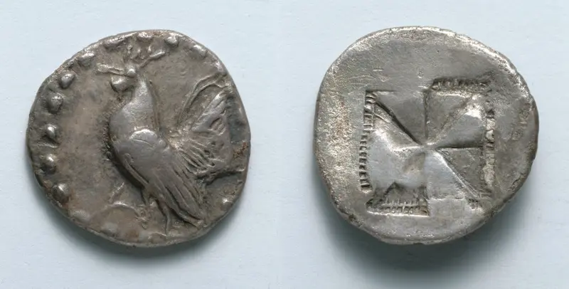 Drachm: Rooster (obverse); Incuse Square (reverse) — تصویر رکورد موزهٔ هنر کلیولند (دسترسی آزاد)