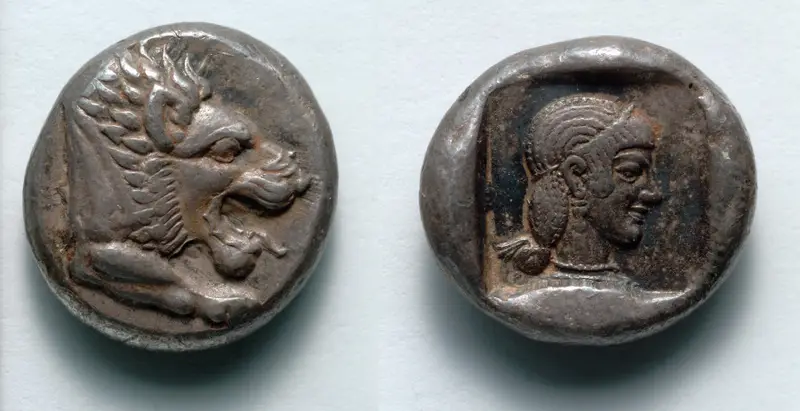 Drachm: Forepart of Lion (obverse); Head of Aphrodite (reverse) — تصویر رکورد موزهٔ هنر کلیولند (دسترسی آزاد)