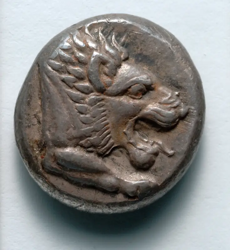 Drachm: Forepart of Lion (obverse) — تصویر رکورد موزهٔ هنر کلیولند (دسترسی آزاد)