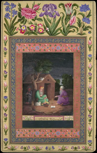 "Two Old Men in Discussion Outside a Hut", Folio from the Davis Album — تصویر رکورد موزهٔ متروپولیتن (دسترسی آزاد)