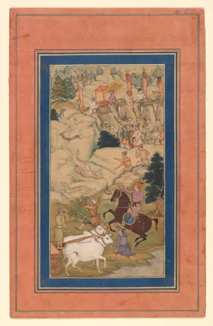 "Akbar Hunting with Cheetahs", Folio from a Manuscript of the Akbarnama. Folio from the Davis Album — تصویر رکورد موزهٔ متروپولیتن (دسترسی آزاد)