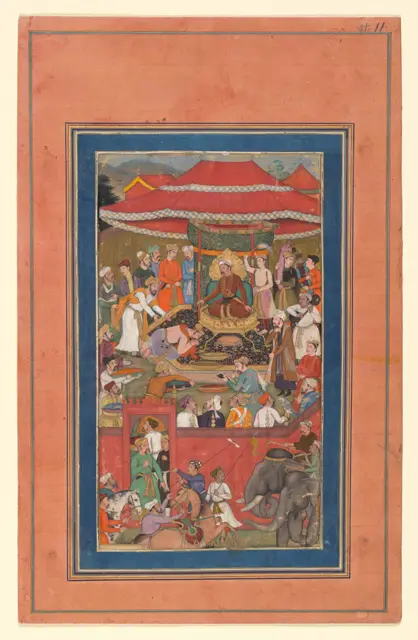 "Asaf khan Presents Offerings (?)", Folio from a Manuscript of the Akbarnama. Folio from the Davis Album — تصویر رکورد موزهٔ متروپولیتن (دسترسی آزاد)