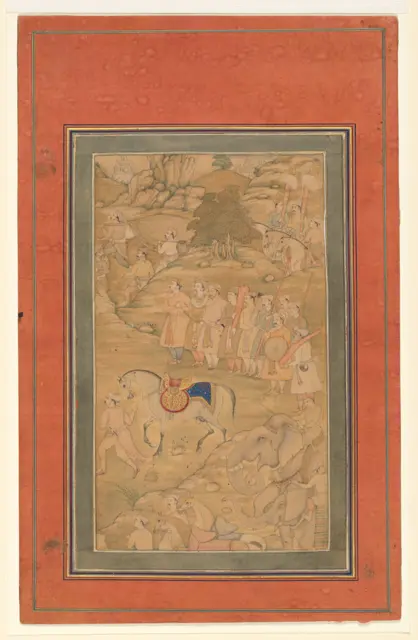 "Courtiers with a Riderless Horse", Folio from a Manuscript of the Akbarnama. Folio from the Davis Album — تصویر رکورد موزهٔ متروپولیتن (دسترسی آزاد)