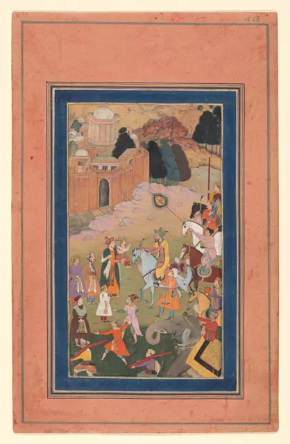 "The Emperor Humayun Returning from a Journey Greets his Son", Folio from a Manuscript of the Akbarnama. Folio from the Davis Album — تصویر رکورد موزهٔ متروپولیتن (دسترسی آزاد)