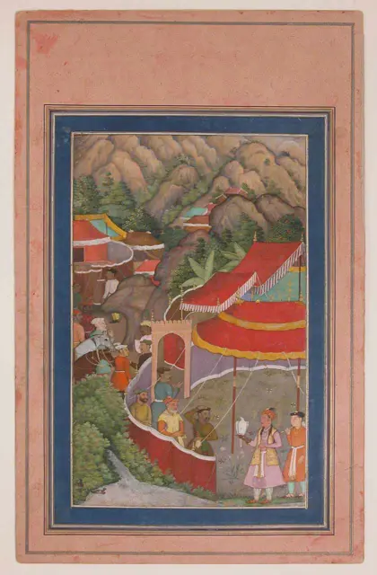 "Encampment in the Hills: Jahangir with Falcon", Folio from a Manuscript of the Akbarnama. Folio from the Davis Album — تصویر رکورد موزهٔ متروپولیتن (دسترسی آزاد)