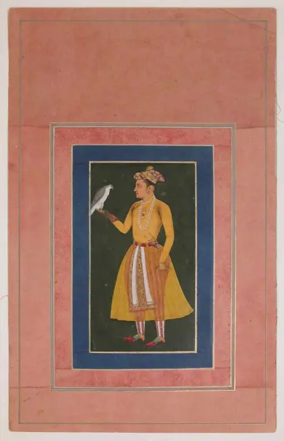 "Portrait of a Prince in Yellow Robe, Holding a Falcon", Folio from the Davis Album — تصویر رکورد موزهٔ متروپولیتن (دسترسی آزاد)
