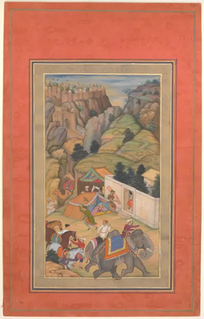"Camp Being Prepared in the Hills", Folio from a Manuscript of the Akbarnama. Folio from the Davis Album — تصویر رکورد موزهٔ متروپولیتن (دسترسی آزاد)