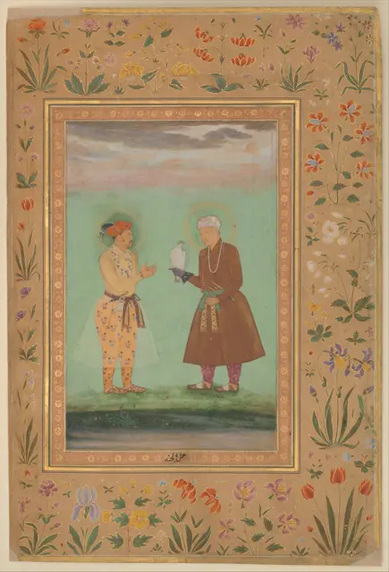 "Jahangir and his Father, Akbar", Folio from the Shah Jahan Album — تصویر رکورد موزهٔ متروپولیتن (دسترسی آزاد)